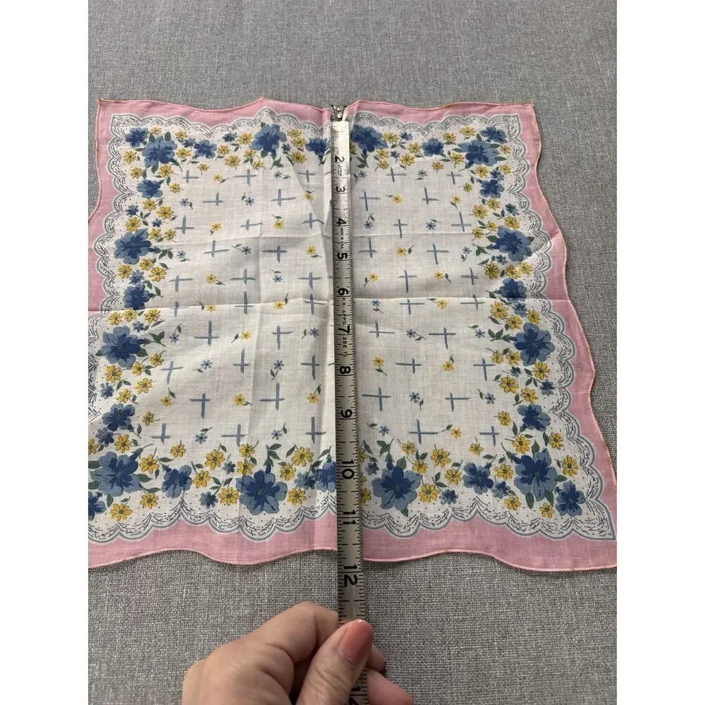 Vintage Hankerchief Blue Pink Yellow Flowers Floral Pocket Scarf Hanky 12